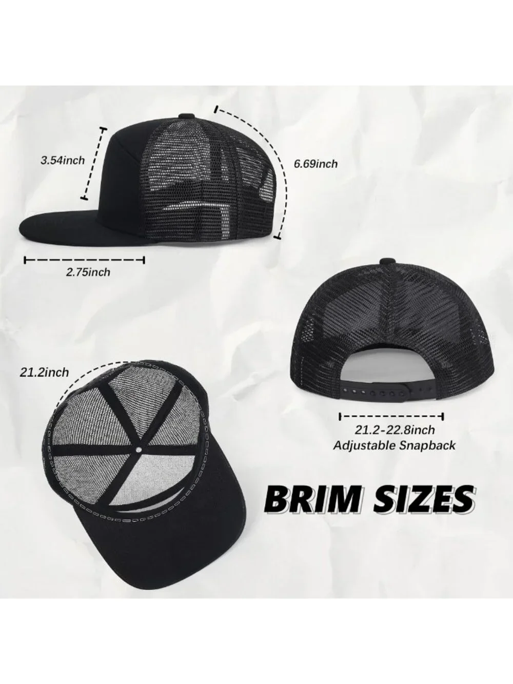 3Pcs Adjustable Trucker Hats | 7 Panel Snapback Flat Brim Caps for Men & Women